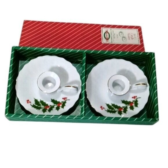 Vintage Macys Christmas Holly Berry Candle Holders Made in Japan 1984 Gift Box - Picture 2 of 7